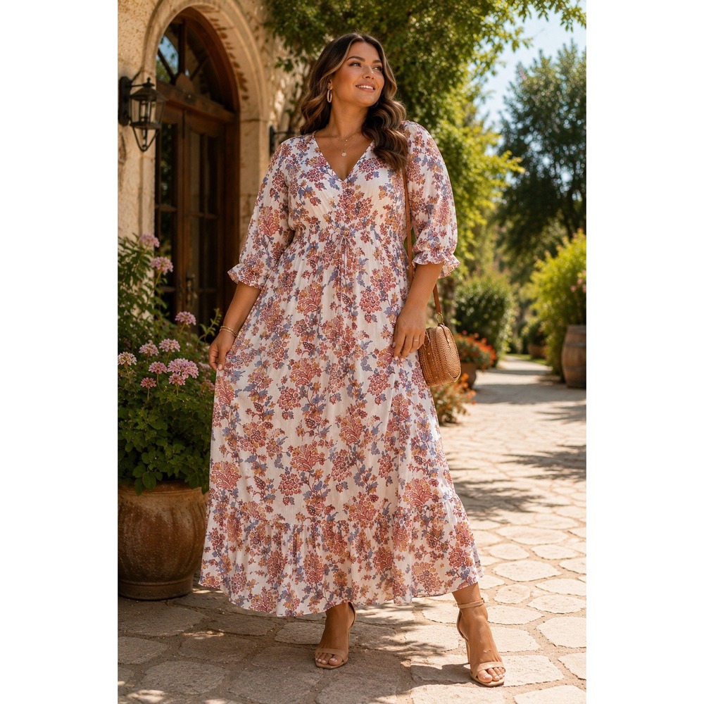 Womens 2X Floral Maxi Boho Romantic V Neck Tiered Ruffle Cottagecore XX13